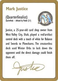1996 Mark Justice Biography Card [World Championship Decks] 1