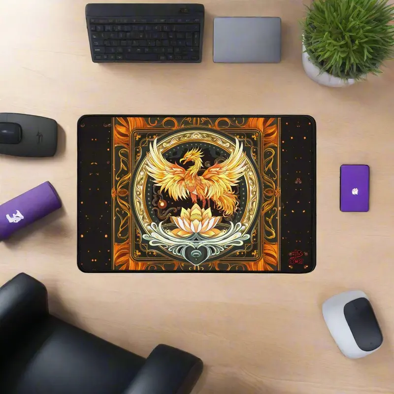 Elemental Harmony: Fiery Phoenix And Calm Lotus – Desk Mat 1
