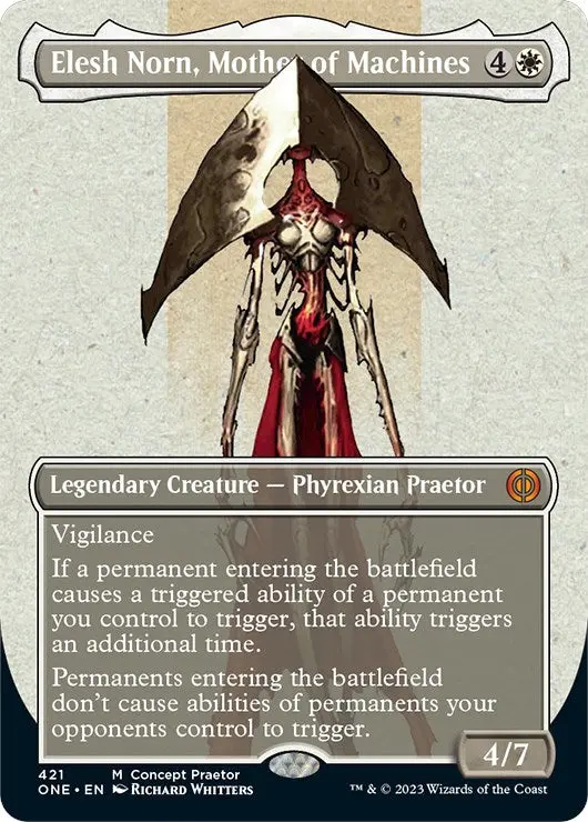 Elesh Norn, Mother Of Machines (Borderless Concept Preators Step-And-Compleat Foil) [Phyrexia: All Will Be One] 1