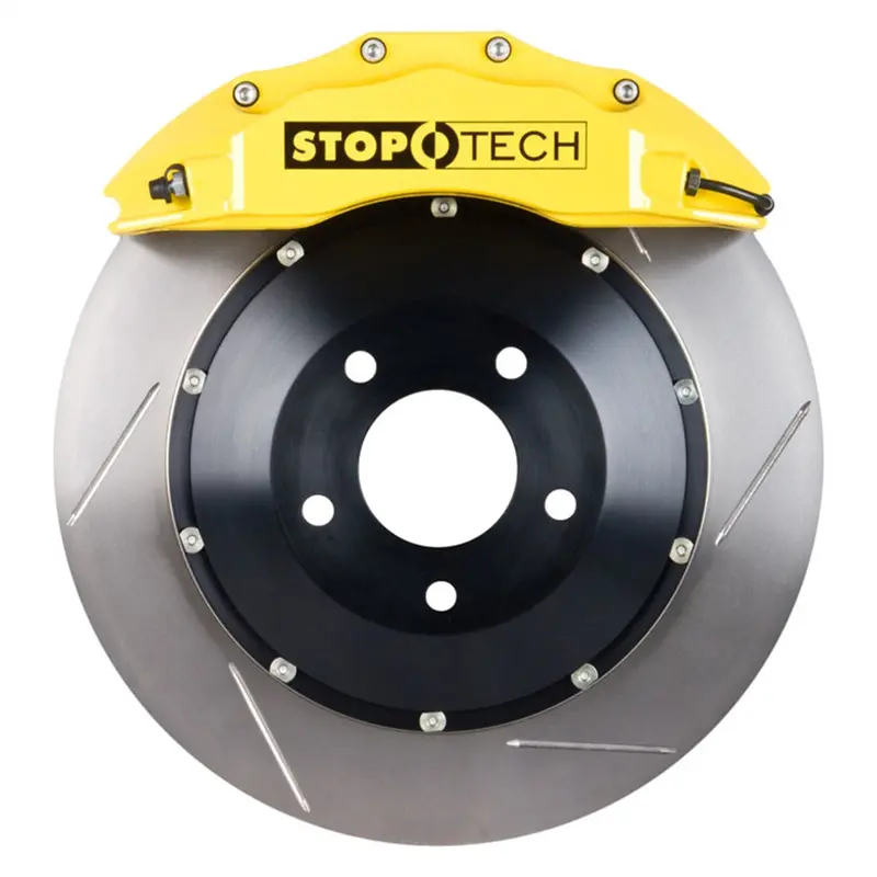 Stoptech 83.B32.6D00.81 Rear Big Brake Upgrade Kit – Yellow Calipers & Zinc-Coated Drilled Rotors 1