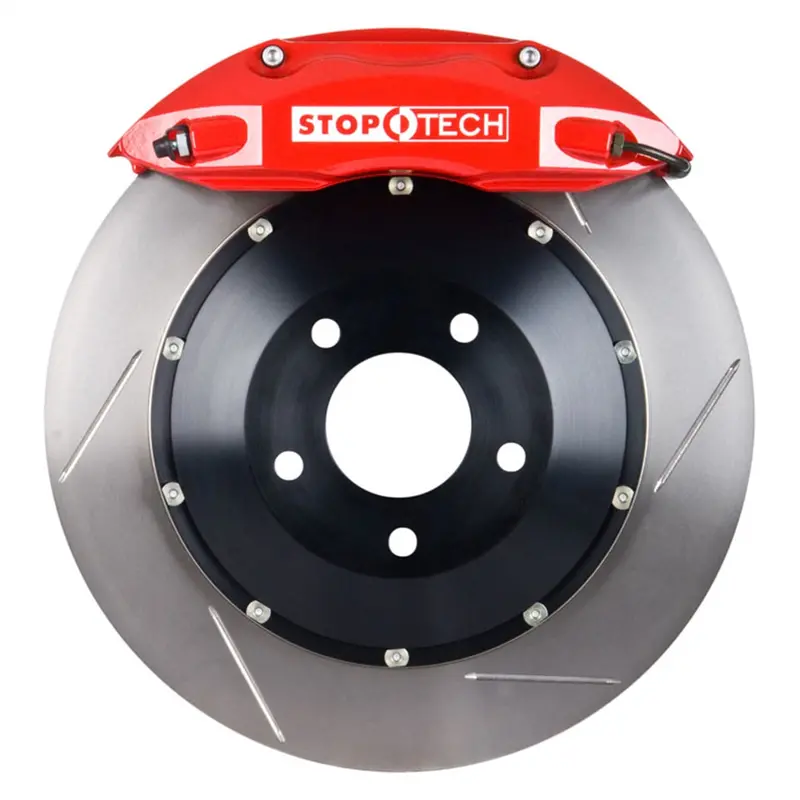 Stoptech Big Brake Kit – Front Slotted Two-Piece Rotors With Red Calipers 1